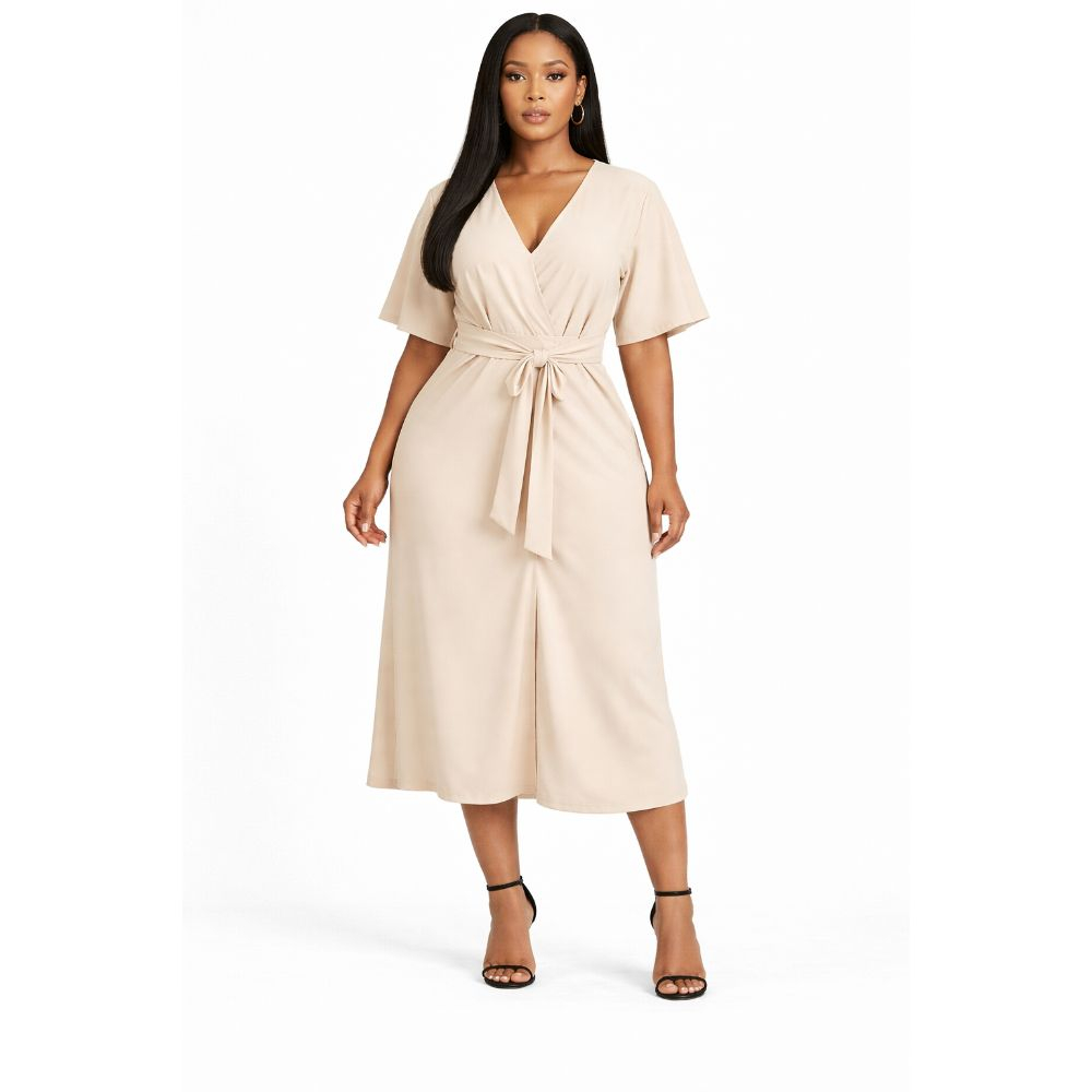 Beige VNeck Wrap Dress with Waist Tie
